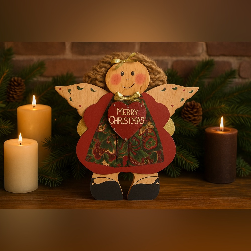 Vintage Handmade Wooden Angel “Merry Christmas” Folk Art